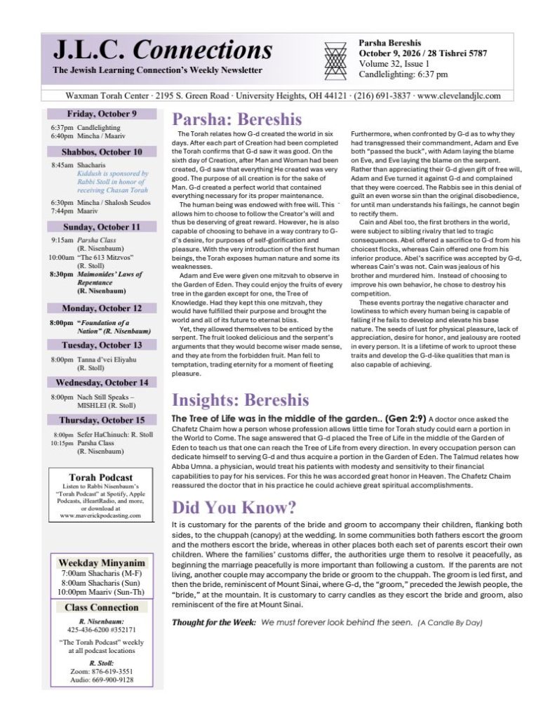 J.L.C. Connections newsletter – Parshas Bereshis 5787