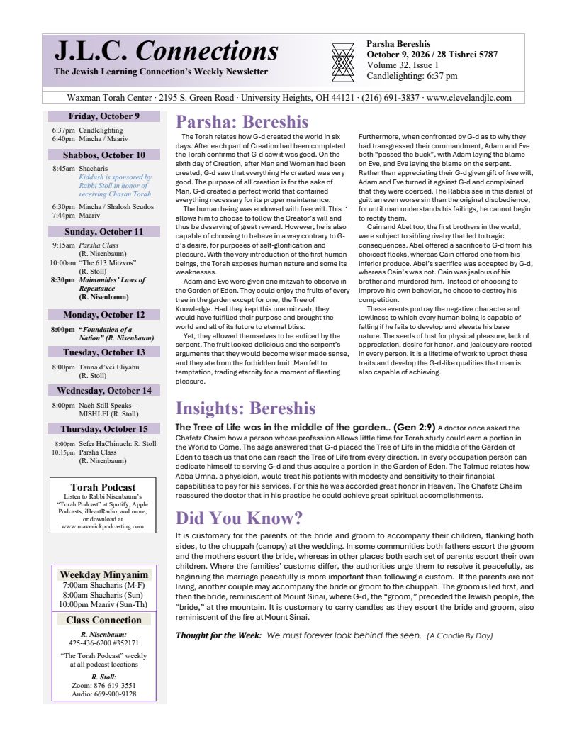 J.L.C. Connections newsletter – Parshas Bereshis 5787