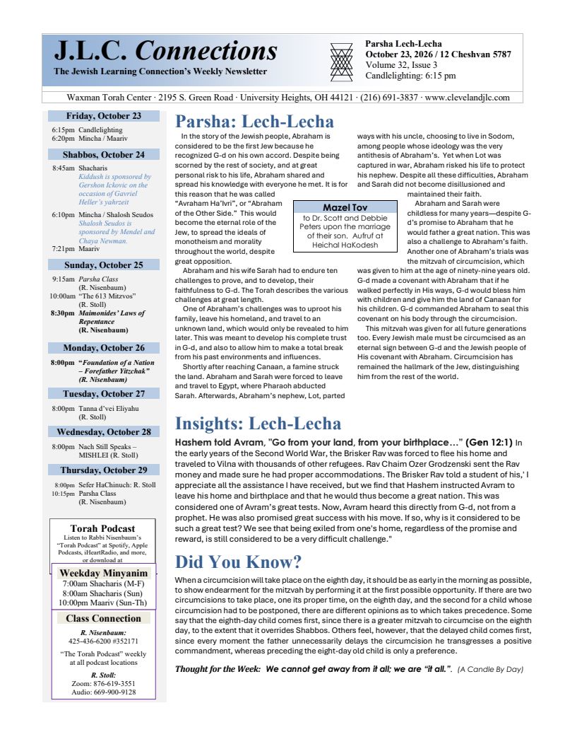 J.L.C. Connections newsletter – Parshas Lech-Lecha 5787