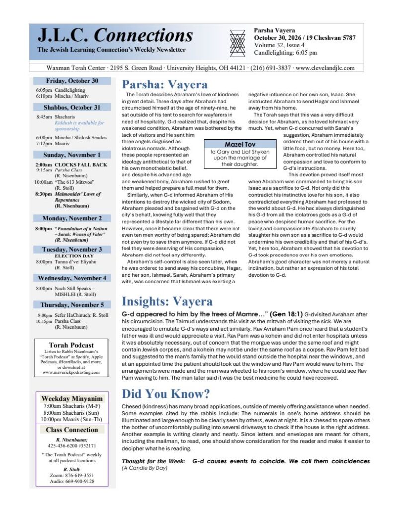 J.L.C. Connections newsletter – Parshas Vayera 5787