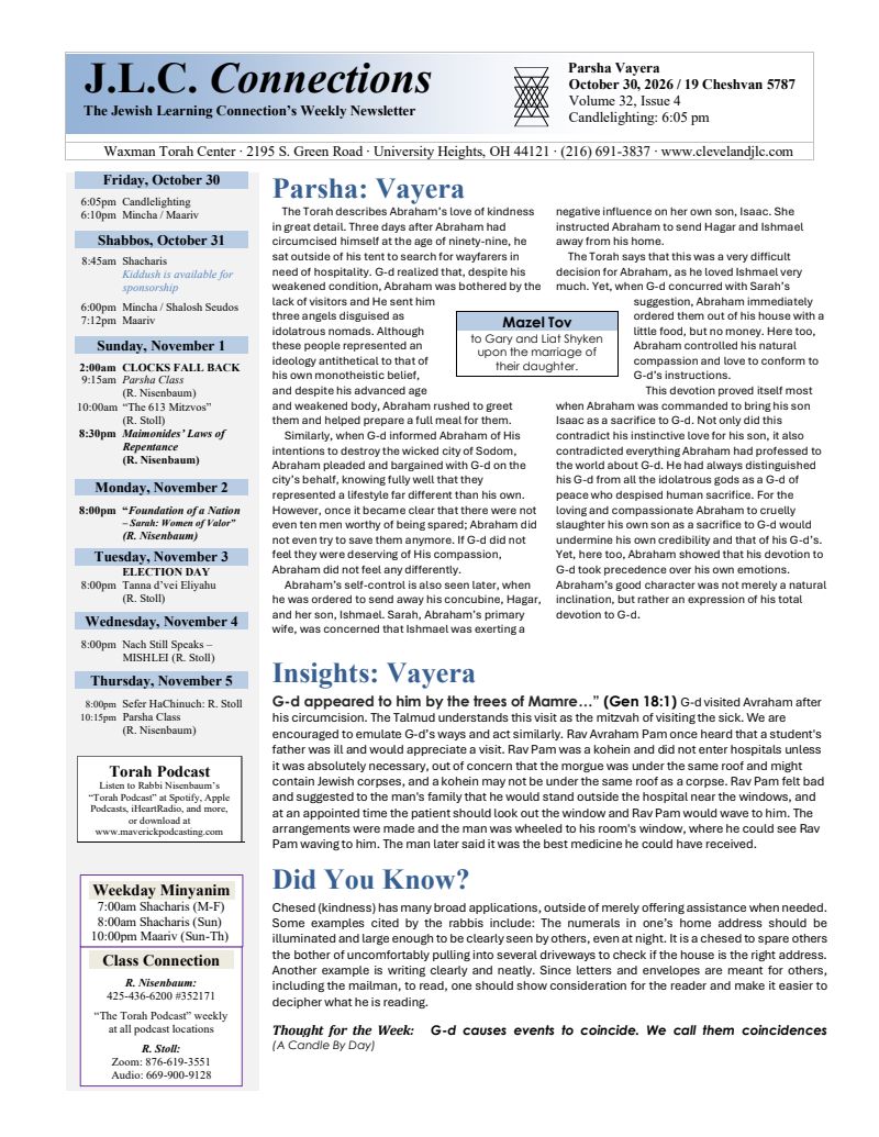 J.L.C. Connections newsletter – Parshas Vayera 5787