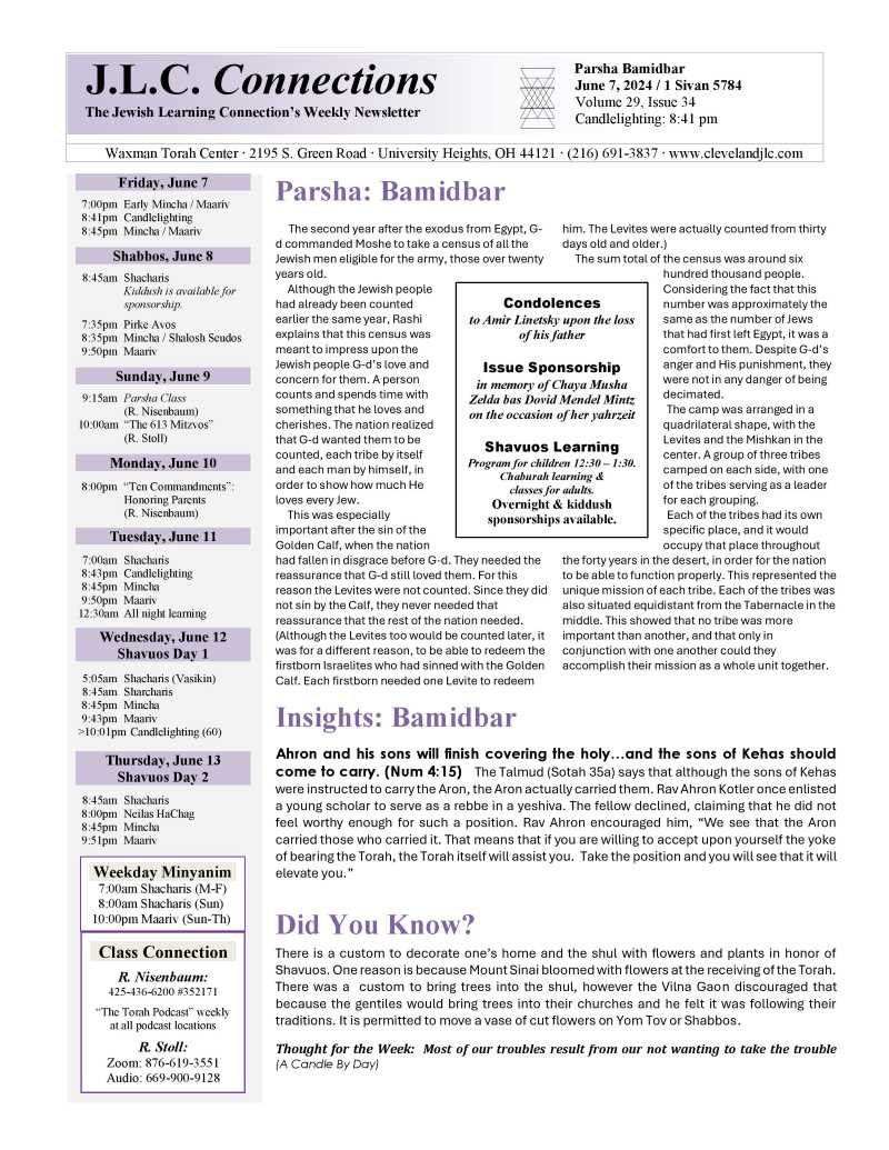JLC Connections Parshas Bamidbar 5784