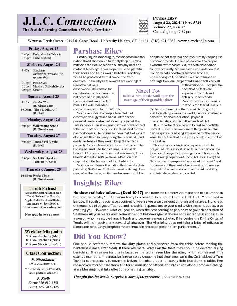 JLC Connections Parshas Eikev 5784