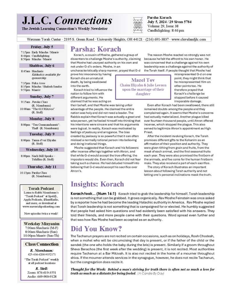 JLC Connections Parshas Korach 5784