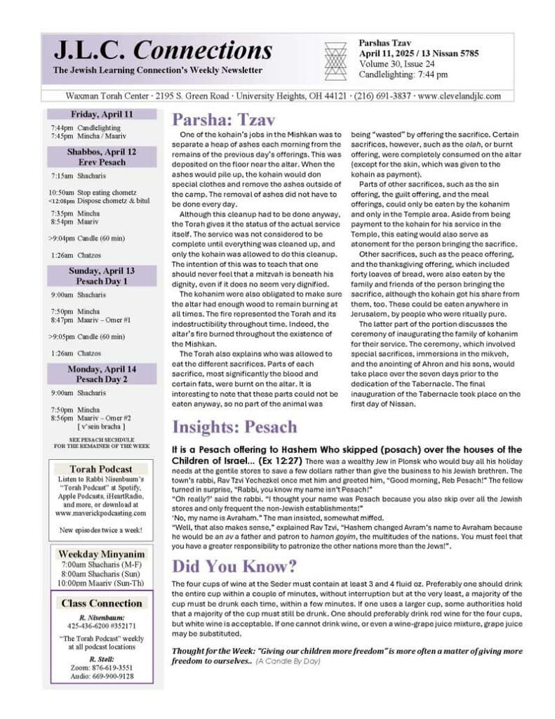 JLC Connections Parshas Tzav 5785