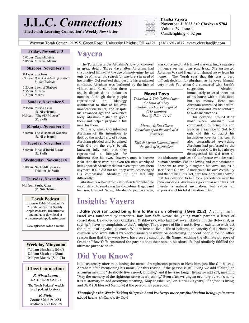 JLC Connections Parshas Vayera 5784