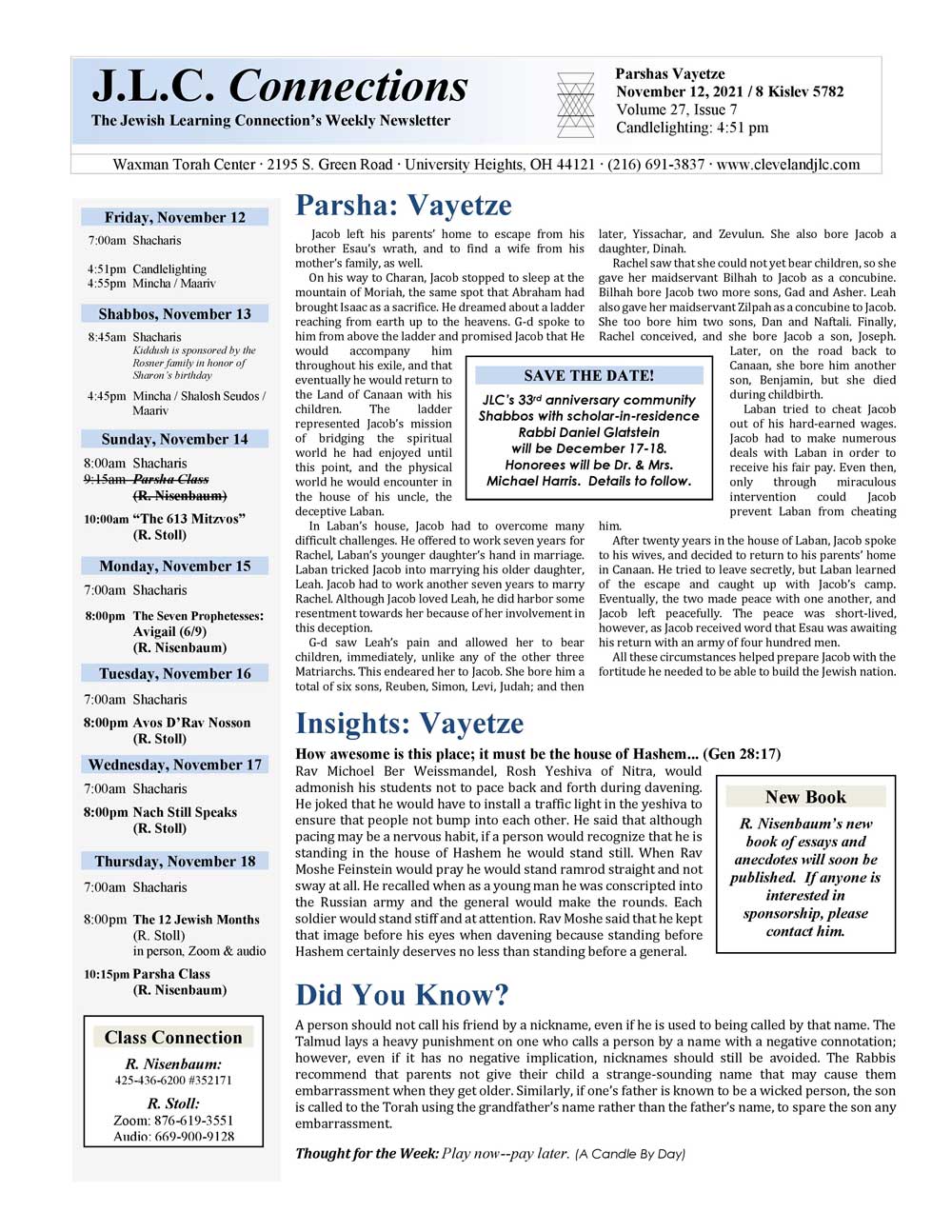 JLC Connections Parshas Vayetze 5782