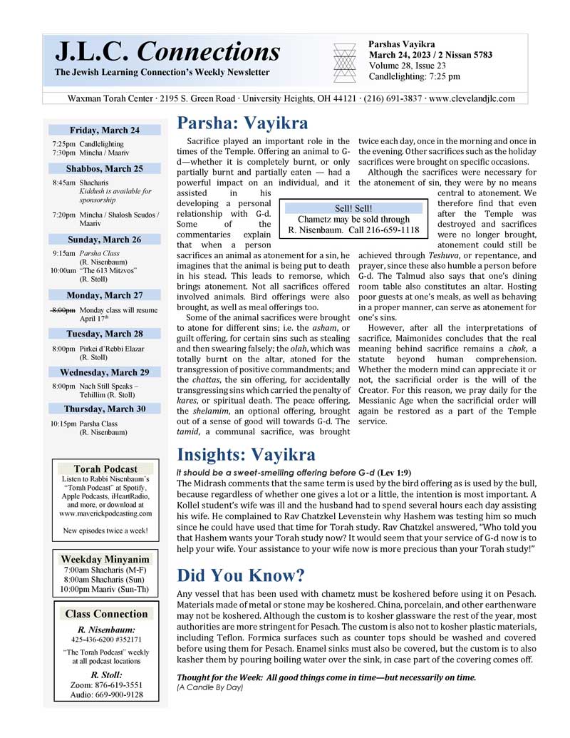 JLC Connections Parshas Vayikra 5783